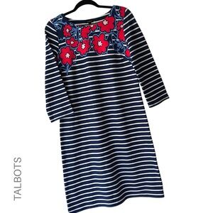 TALBOTS NWOT STRIPES & FLOWERS PURE COTTON SHIFT DRESS NAVY BLUE WHITE RED SMALL